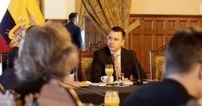 El presidente de Ecuador, Daniel Noboa Azin, reunido con el cuerpo diplomático y organismos internacionales acreditados el pasado jueves 10 de enero (Isaac Castillo/Presidencia de la República) 