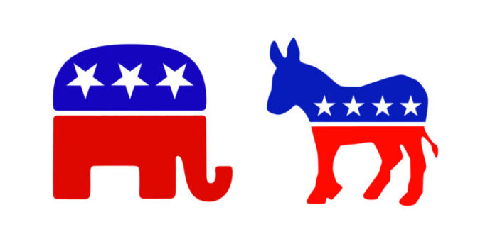 El burro demócrata y el elefante republicano suelen dibujarse con los colores, barras y estrellas de la bandera americana. (Wikipedia)