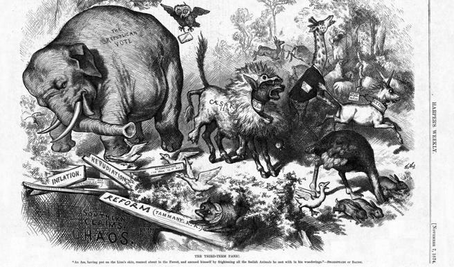 Thomas Nast representó la derrota republicana como si un ruedo disfrazado de león (el Partido Demócrata) espantase al resto de animales de la 'selva política'. El elefante (Partido Republicano) simboliza así un animal fácil de espantar. (Wikipedia)