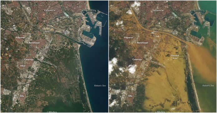 La imagen muestra el antes y el después del paso de la DANA por Valencia el pasado 29 de octubre (Landsat 8 usgs/NASA/alsospace)