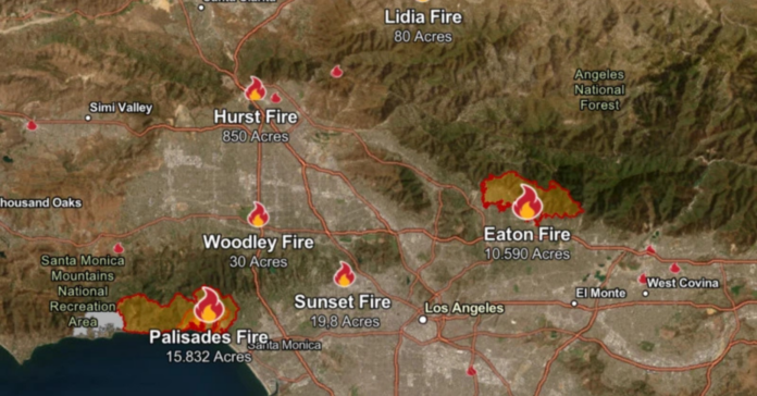 Imagen de la localización de los incendios facilitada por el gobierno de California