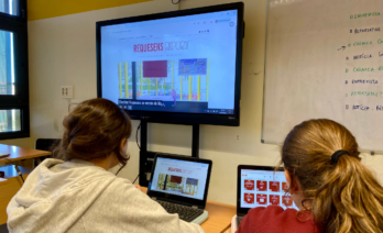 Estudiantes del Requesens Report trabajando su revista escolar.