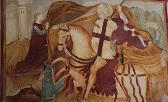 Pintura al fresco del siglo XVI de Sant Jordi matando al dragón (Wikimedia Commons/Museo regional de Koper)