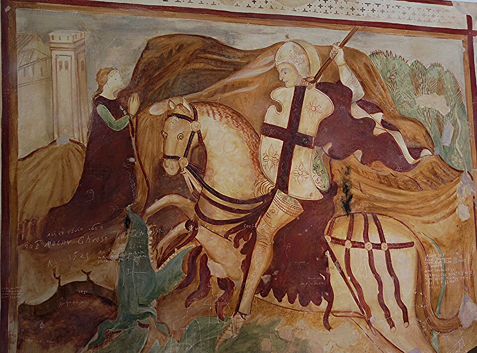 Pintura al fresco del siglo XVI de Sant Jordi matando al dragón (Wikimedia Commons/Museo regional de Koper)